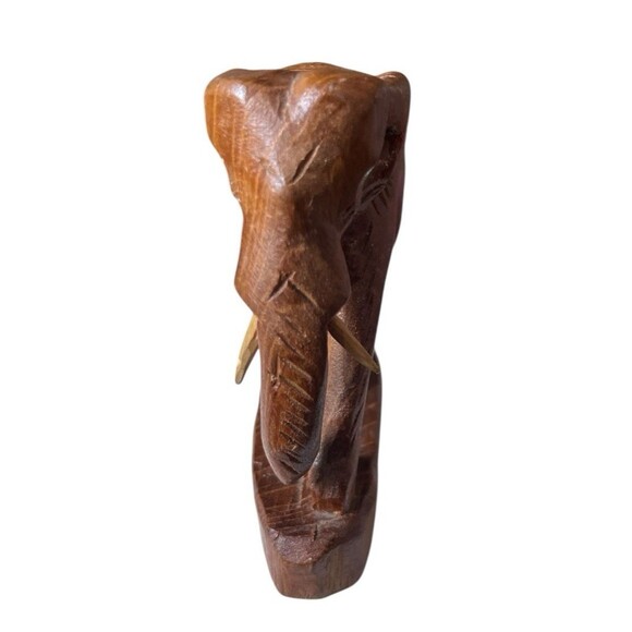 Vintage Hand Carved Teakwood Elephant Sculpture Tusks on Base 4 x 4" - Picture 3 of 6